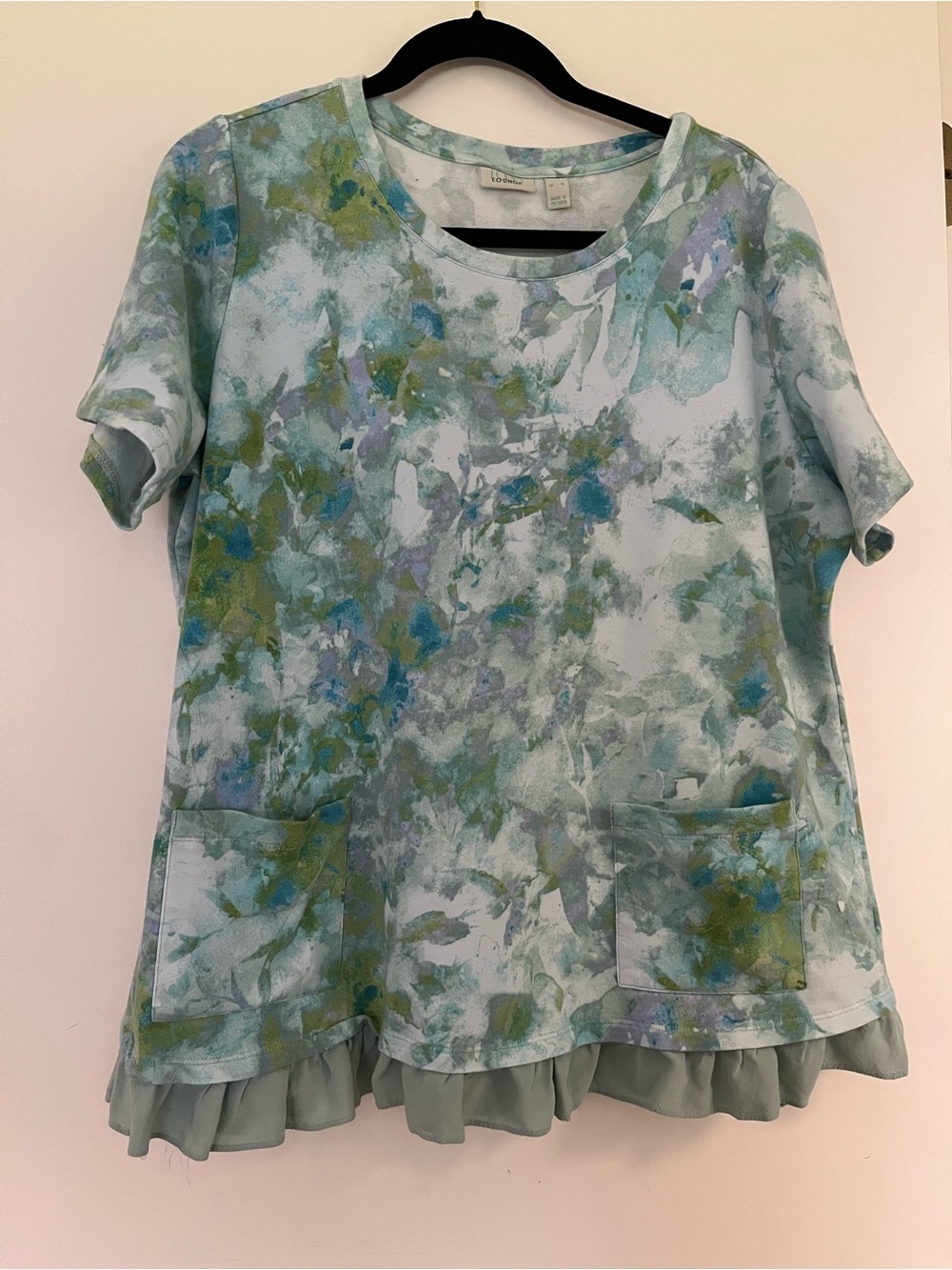 Logo Watercolor Ruffle-Hem Short Sleeve Top - Light Blue/Green